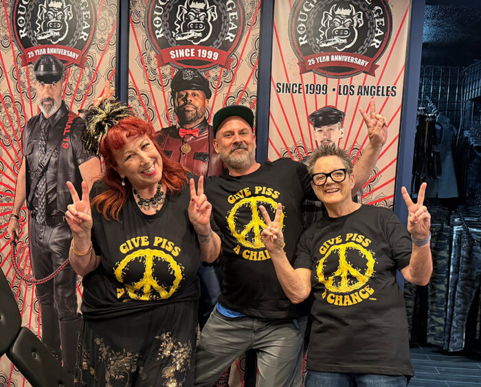 Annie, Beth and Friend weaering Give Piss a Chance t-shirts